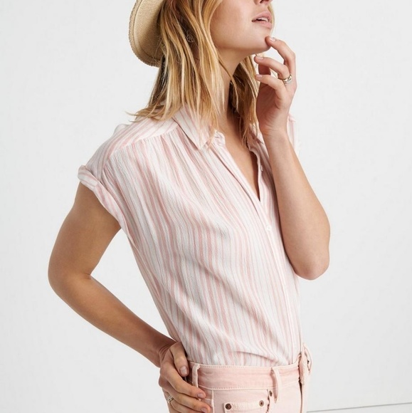 SALE Lucky Brand Coral Stripe Button Up Shirt - Picture 3 of 8